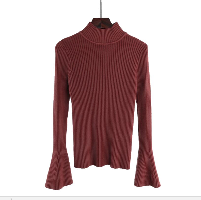 Vintage bell sweater kvinder retro halvhøj hals flare ærme pullover jumper kvindelig elastisk slank talje strikkede trøjer: Brun