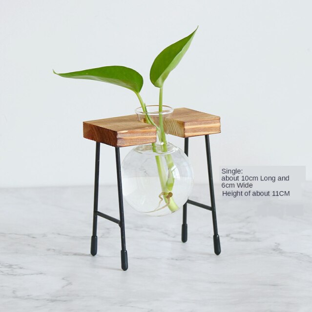Florero de vidrio para plantas hidropónicas, marco de madera para cafetería, jarrón de decoración, terrario, bonsái para el hogar, estación de decoración: A