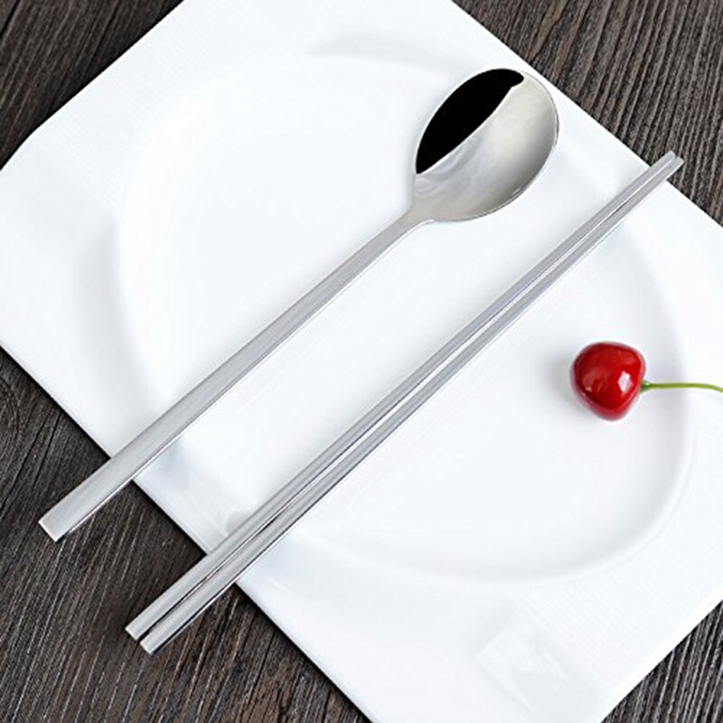 Palillos planos de Metal de estilo chino, conjunto de comida antideslizante, palillos con cuchara reutilizable de acero B1A5: Default Title