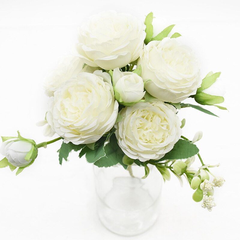 1 stk 5 gafler 9 blomster bryllup hjemmedekorasjon tilbehør kunstig peon bukett gjør det selv blomsterarrangement jul