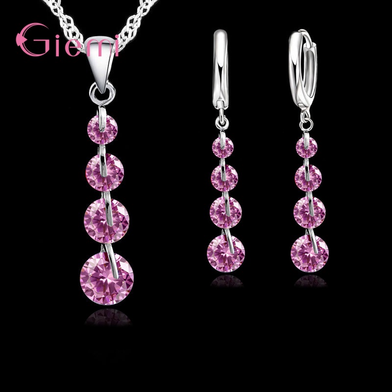 Real Romantic 925 Sterling Silver Cubic Zirconia Crystal Pendant Necklace Earrings Jewelry Set For Women Choker Wedding: PURPLE