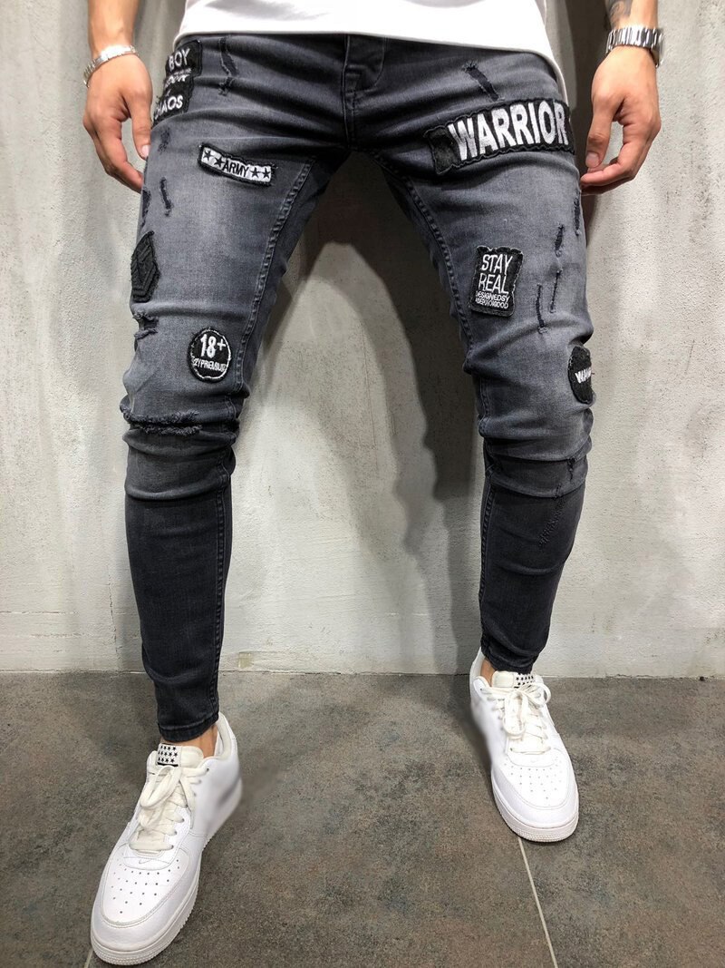 Skinny Gat Ripped Denim Jeans Voor Mannen Hip Hop Slim Fit Streetwear Patchwork Badge Verontruste Zwart Potlood Broek