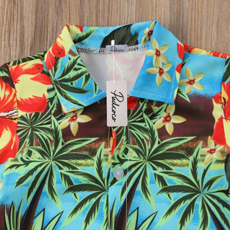 Camisa havaiana estilo pudcoco 2018 para crianças, camiseta de verão para meninos com estampa de coqueiro e flores, roupa de praia casual para meninos
