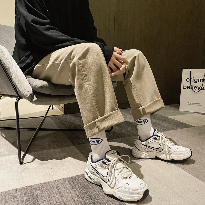 Caqui verde y Beige Jeans de de los hombres holgado Casual Jeans hombres Streetwear suelta Hip-hop, recto de Denim Pantalones ropa para hombre: Khaki  / XXL