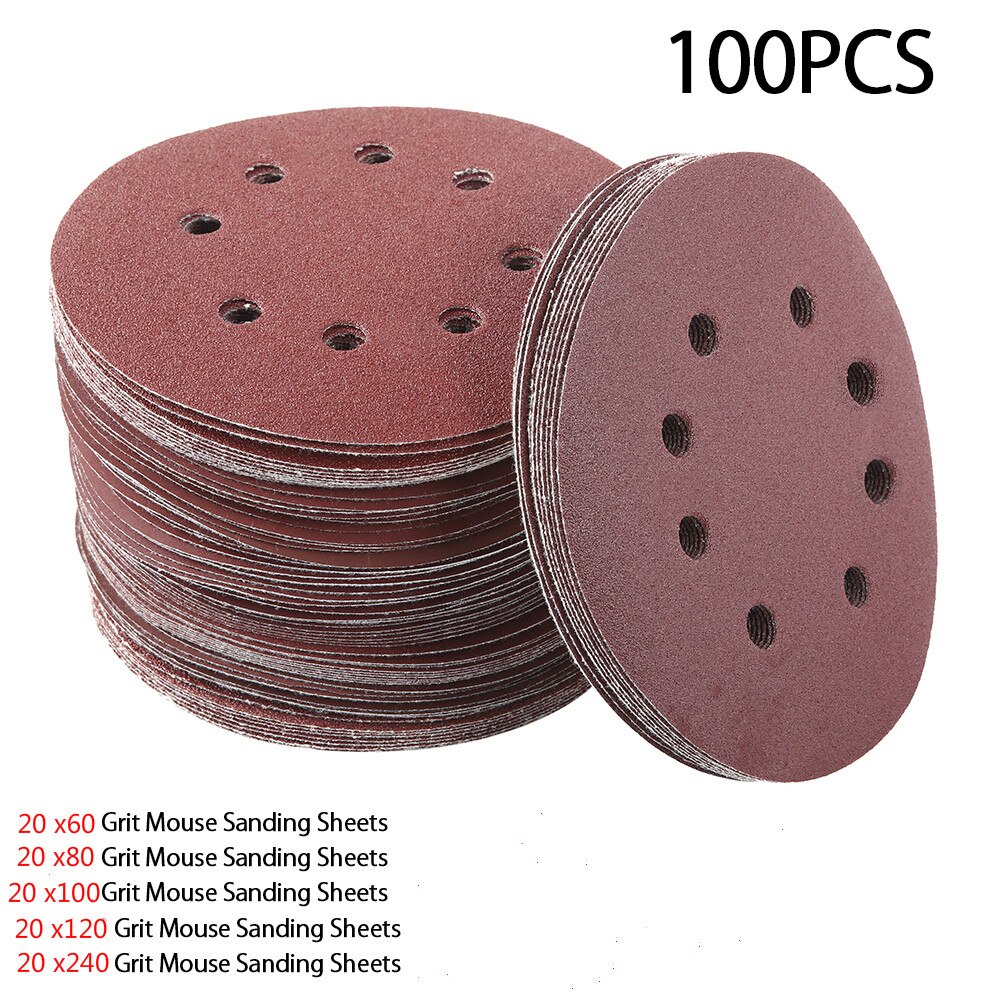 60/80/100pcs 5 Inch 125mm Round Sandpaper Eight Hole Disk Sand Sheets Grit 40-600 Hook and Loop Sanding Disc Polish: 100pcs A