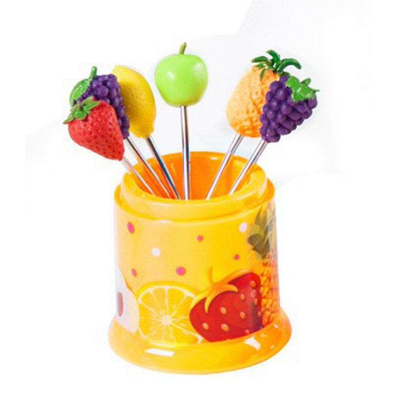 6Pcs Kitchen Forks fruit sign stainless steel fruit Fork multicolor Tableware cute child Fruit Forks #3n05#F: Yellow