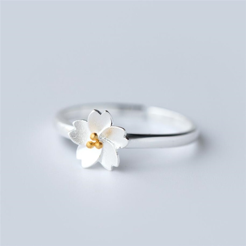 Flor de Cerezo literaria hecha a mano, Plata de Ley 925, temperamento personalidad femenina, anillos de apertura ajustables SRI059