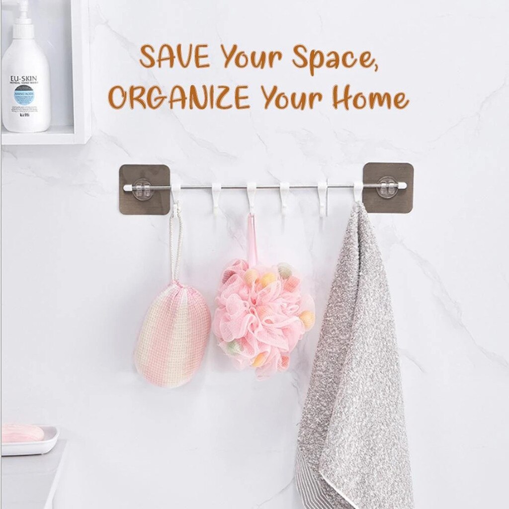 6 Hooks Self-adhesive Rack Bathroom Wall Mounted Rack Kitchen Hanging Rack Organizer Long Hanging Hooks Holder #BL3