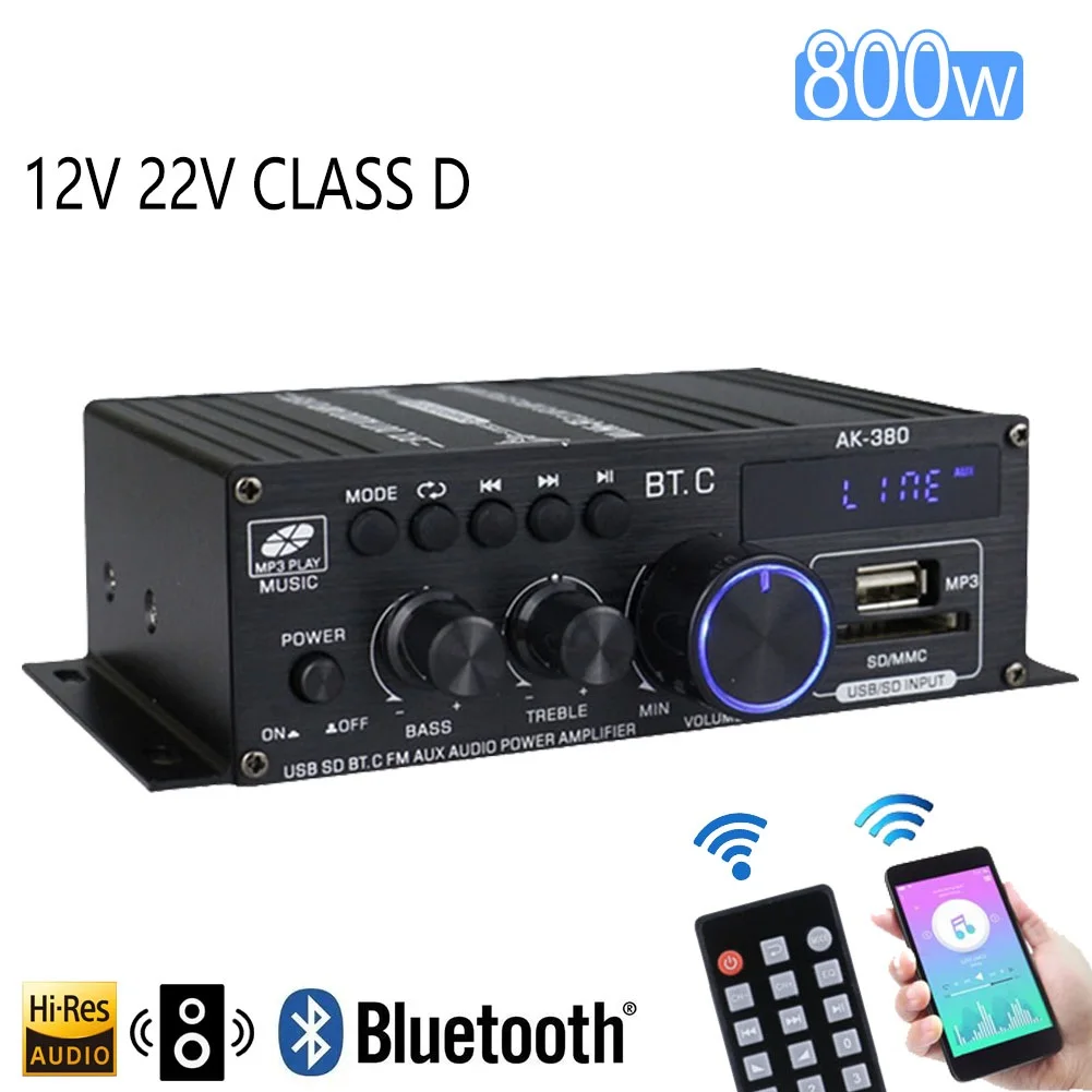 AK380 800W wzmacniacz Bluetooth Audio Karaoke HiFi wzmacniacz do kina domowego 2-kanałowy wzmacniacz klasy mocy D USB SD AUX Brand New
