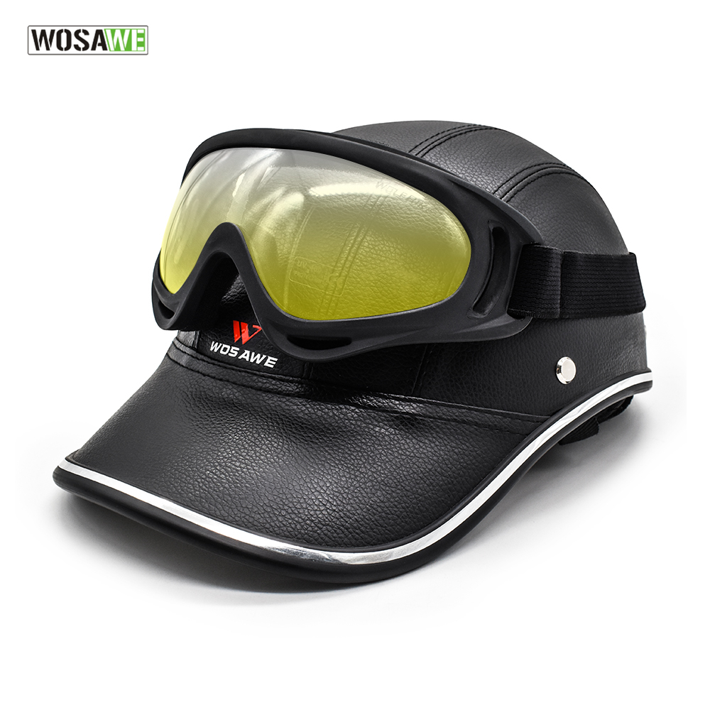 Wosawe Pu Elektrische Fiets Scooter Rijden Helm En Anti-Uv Goggle Motorfiets Fietsen Half Open Helm Baseball Cap