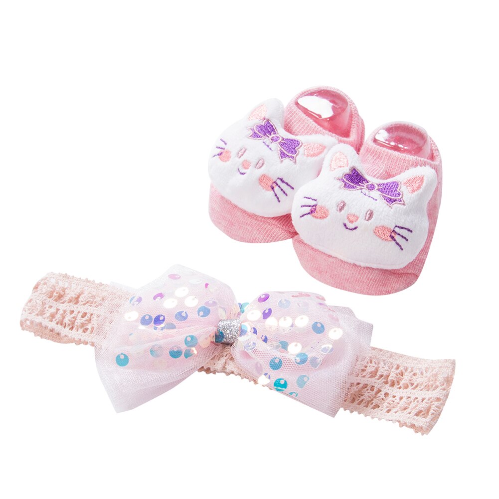 Newborn Baby Girl Lovely Socks Headband Set Flower Bowknot Crown Lace Headwrap + Booties Lace Cute Animal Decor Socks 2Pcs Set: A