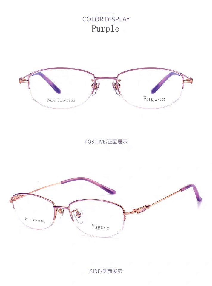 Ren titanium briller kvinder briller gyldne briller halv kant brille højkvalitets receptpligtige briller: Lilla