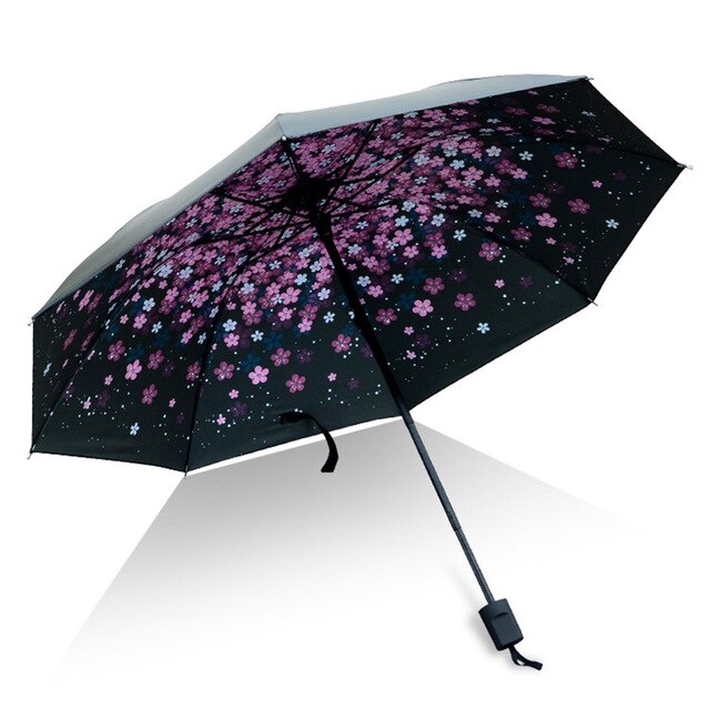 Sombrilla Sakura paraguas al aire libre a prueba de polvo paraguas Anti-UV triple plegado 8 huesos tela adhesiva negra viaje día de lluvia: Pink Skura