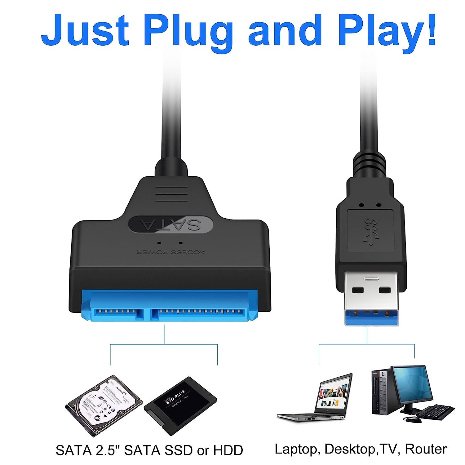 Cablu Adaptor SATA la USB - HDD SSD 2,5/3,5 Inch - USB 3.0/2.0 - Lungime 22/35/50cm - Cititor Hard Disk Extern