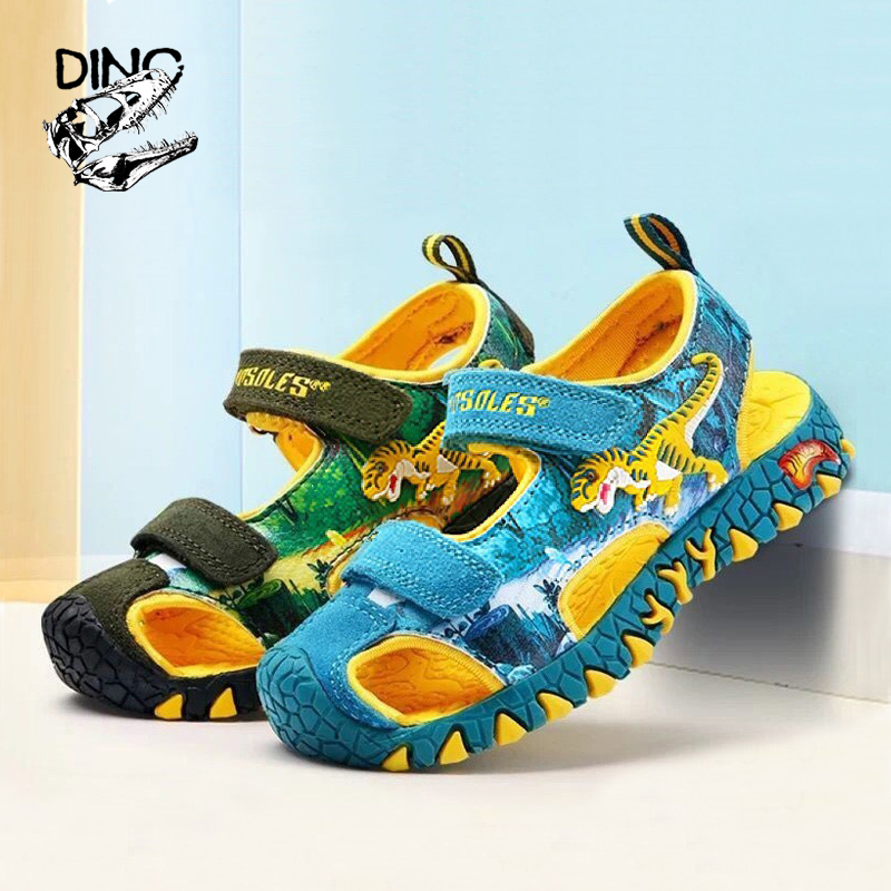 DINO-Sandalias de dinosaurios para niños de 3 a 8 años, zapatos de playa de cuero t-rex, con Velcro y Punta cerrada, a la , 2022