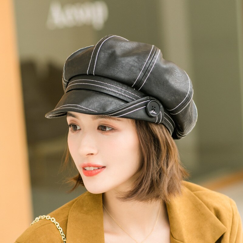 Caluriri Neue Winter PU Hut Leder Taste Achteckigen Hut Wilden Literarischen Britischen Retro PU Baskenmütze Hut PU Maler Hut