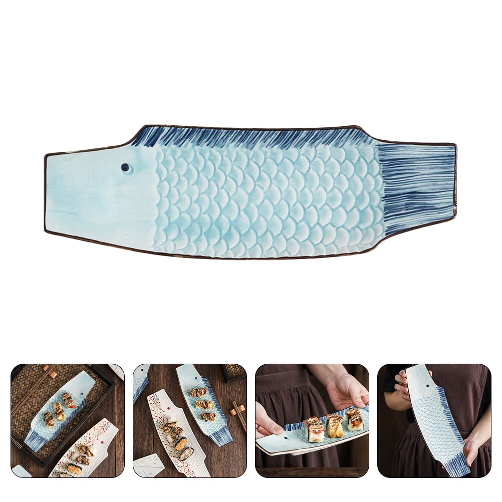 Ceramic Sushi Plate Fish Shaped Food Serving Plate Sashimi Holder: Sky-blue30x9.8cm