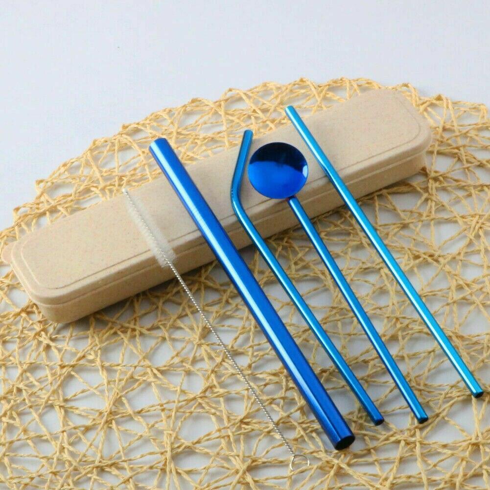 304 de acero inoxidable de de casa 7 Uds de acero inoxidable grueso bien pajitas cuchara cepillo Kits: Azul