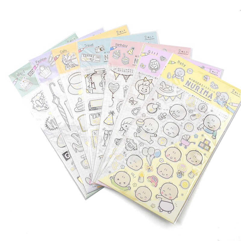 Japanse zonnester stickers voor notitieboekje nurima serie gekleurde stickers voor doe-het-zelf, kunnen gekleurd worden, 2pc/ stuks