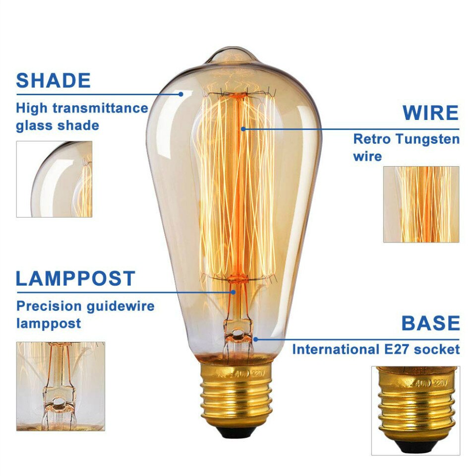 OYGROUP Edison Lamp E27 Eekhoorn Kooi Gloeilamp, ST64 40W 220V Antieke Stijl Glas Dimbare Gloeilamp