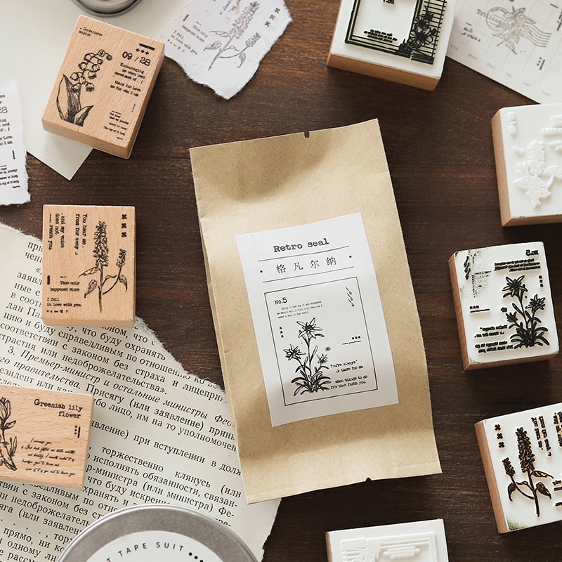 8 st/lot atlas av blommor och planserie stämpel diy trä gummistämplar för scrapbooking pappersvaror scrapbooking standard stämpel