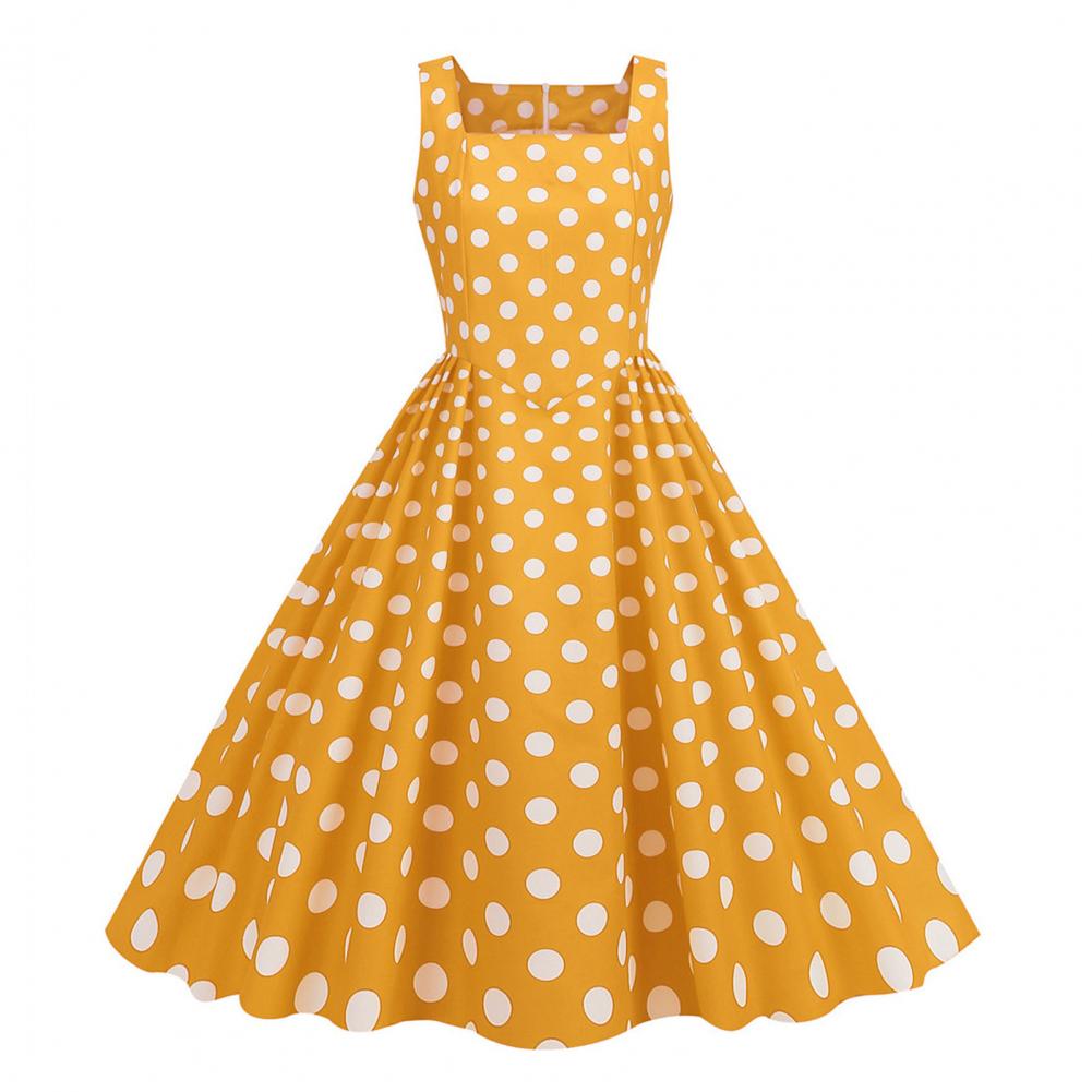 Abito da festa da donna Abito longuette a trapezio di ispirazione Vintage ▾ con scollo quadrato Stampa a pois per le donne Ballo da ballo di nozze per feste retrò anni '50 e '60: L / giallo