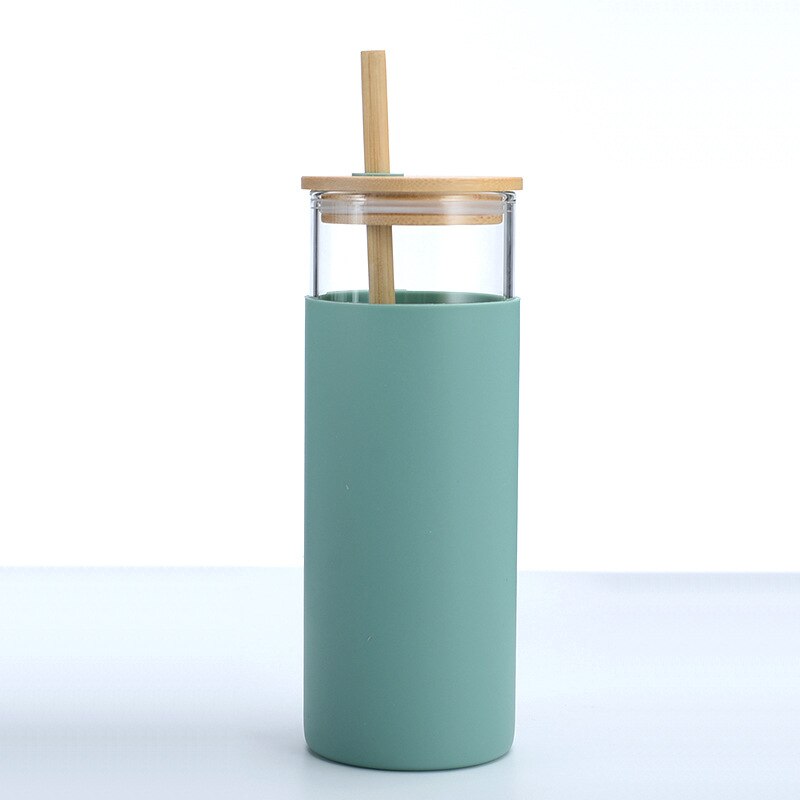 500ml bärbara silikonglas bambu lock halm vattenkopp sport vattenflaska kaffekopp med sugrör utomhus resa hemmakontor: Grön
