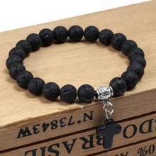 Nouvelle croix pendentif Bracelet hommes naturel pierre de lave perles Bracelets pour femme hommes Yoga noir pin Distance bijoux amoureux