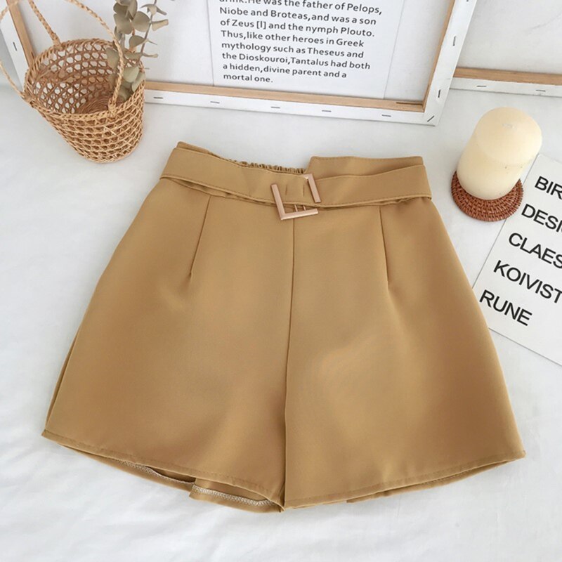 Coréen bref femmes Shorts jambe large avec ceinture noir costume Shorts solide élastique taille haute jaune 5 couleurs: yellow / XL