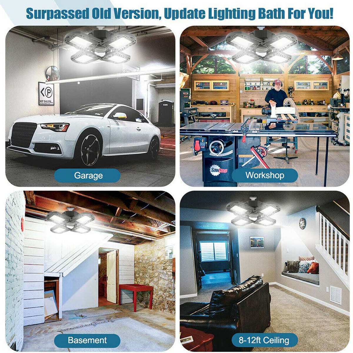 E27 LED Garage Light 12000 Lumens 192LED Deformable Foldable 4-Leaves Workshop Parking Warehouse Lamp Industrial Lamp AC85-265V