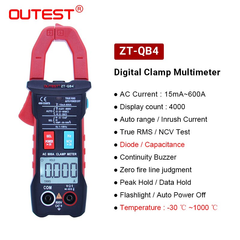 Outest true rms digital clamp meter dc / ac spænding vekselstrøm ampere ncv ohm tester amperemeter multimeter elektriker værktøj: Zt -qb4