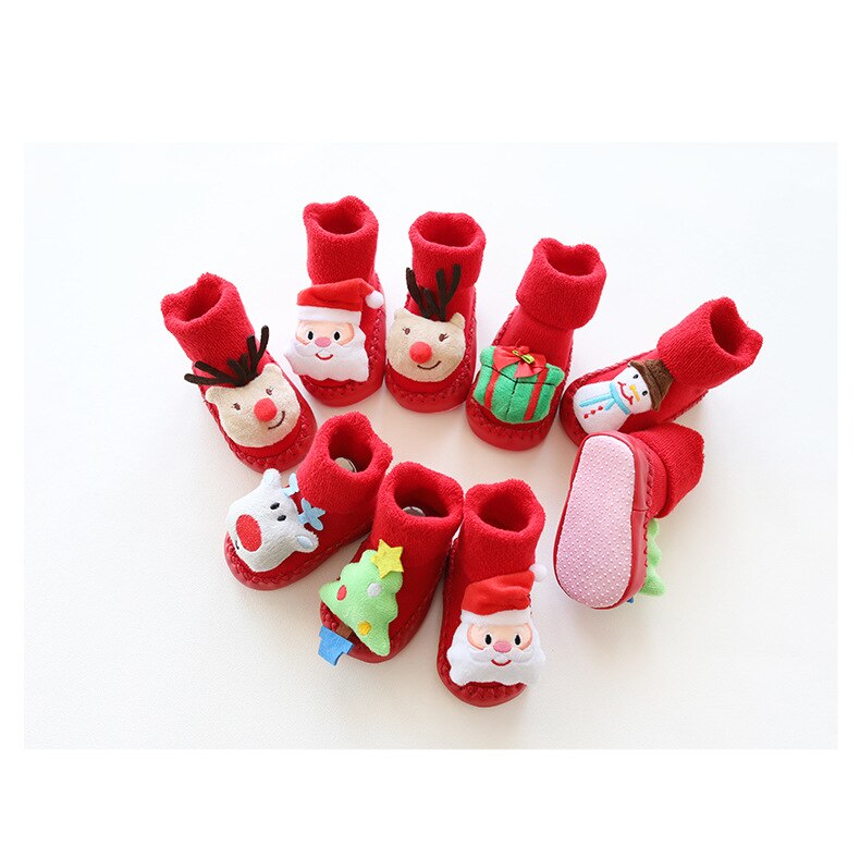 Winter Born Baby Christmas Socks Rubber Soles Skid Resistant Indoor Socks Warm Thick Toddler Girl Sock Shoes Year