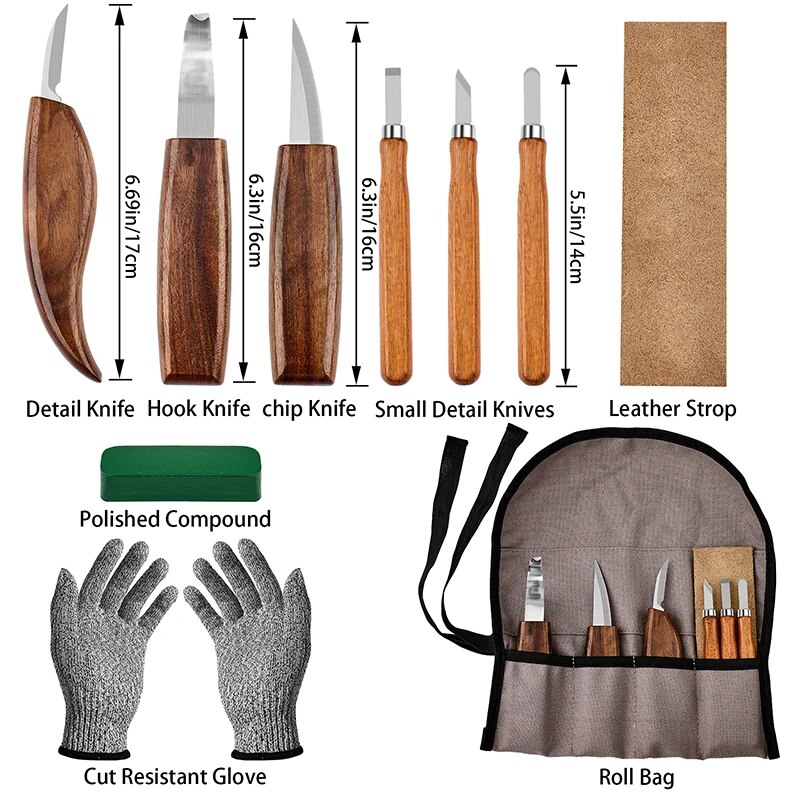 Juego de herramientas para tallar madera con detalle, cuchillo para tallar madera, cincel para madera, guantes, afilador de cuchillos para tallar, herramientas de carpintería, 10 Uds.