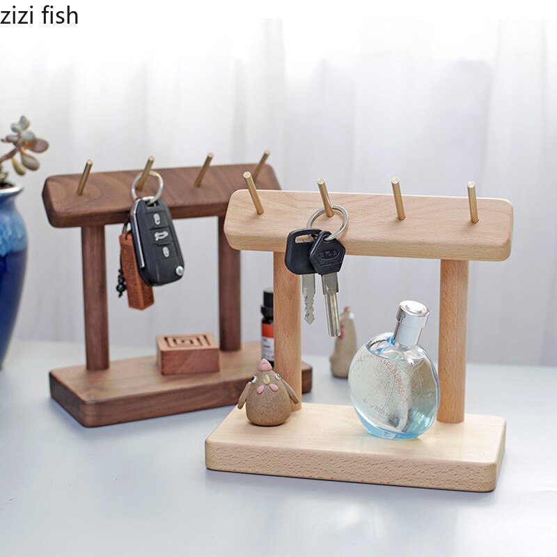Solid Wood Brass Key Hook Storage Bracket Beech Black Walnut Desktop Seat Hook Jewelry Four Hooks Decorative Shelf Key Organizer