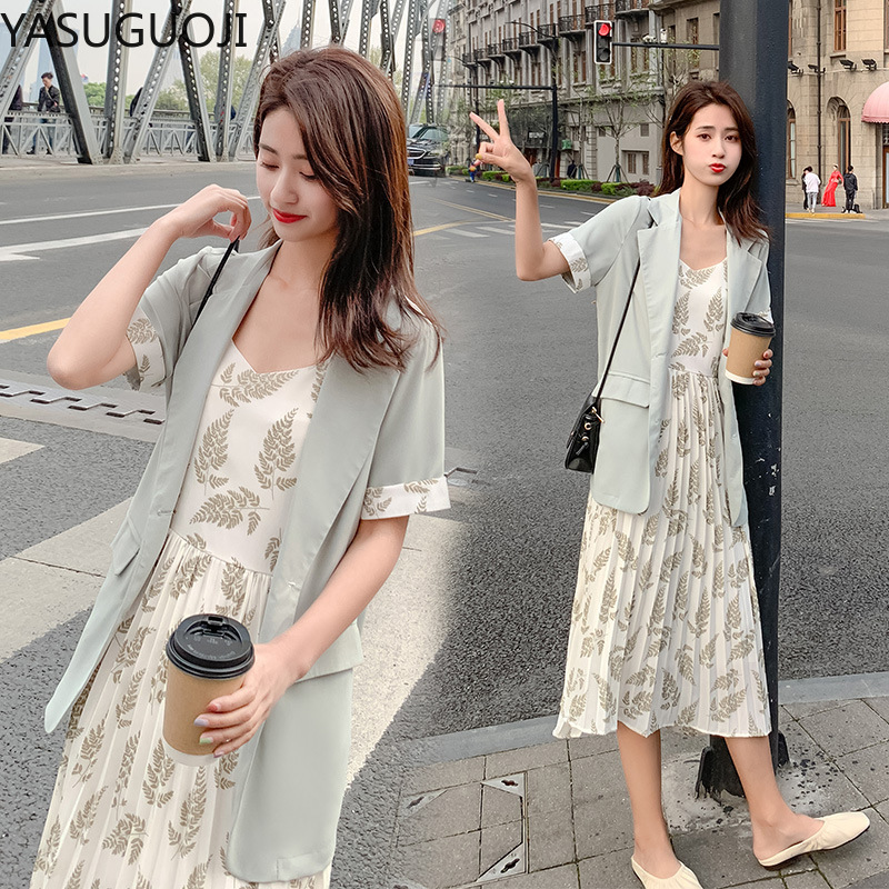 Yasuguoji sommer kvinne kortermet blazer med blomsterprint lang kjole dresser 2 to deler sett dress kvinner