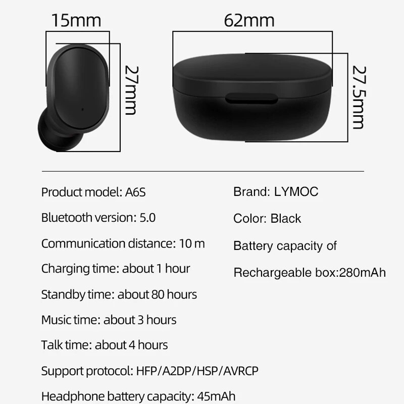 A6S TWS-zestaw słuchawkowy z mikrofonem, redukcja szumów, Bluetooth 5.0, robić Xiaomi Redmi Airdots, słuchawki bezprzewodowe douszne