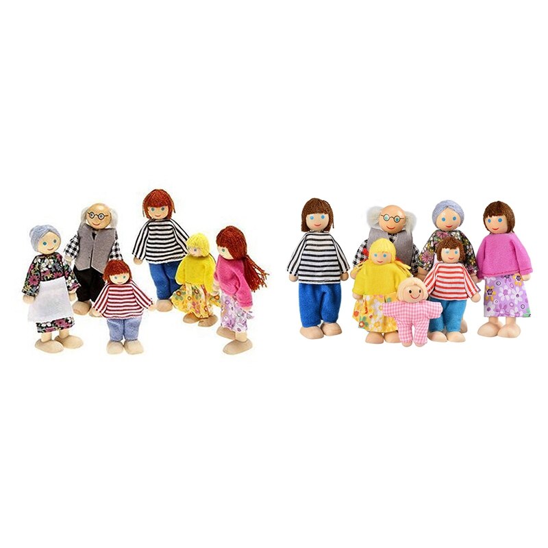 2 sæt glad dukke familie legetøj (tøj er tilfældigt)  ,6 personer & 7 personer