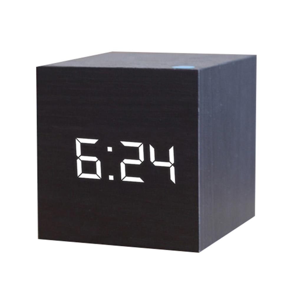 Houten Vierkante Digitale Led Usb Desk Wekker Tafel Voice Control Decoratie: Black  White Figure