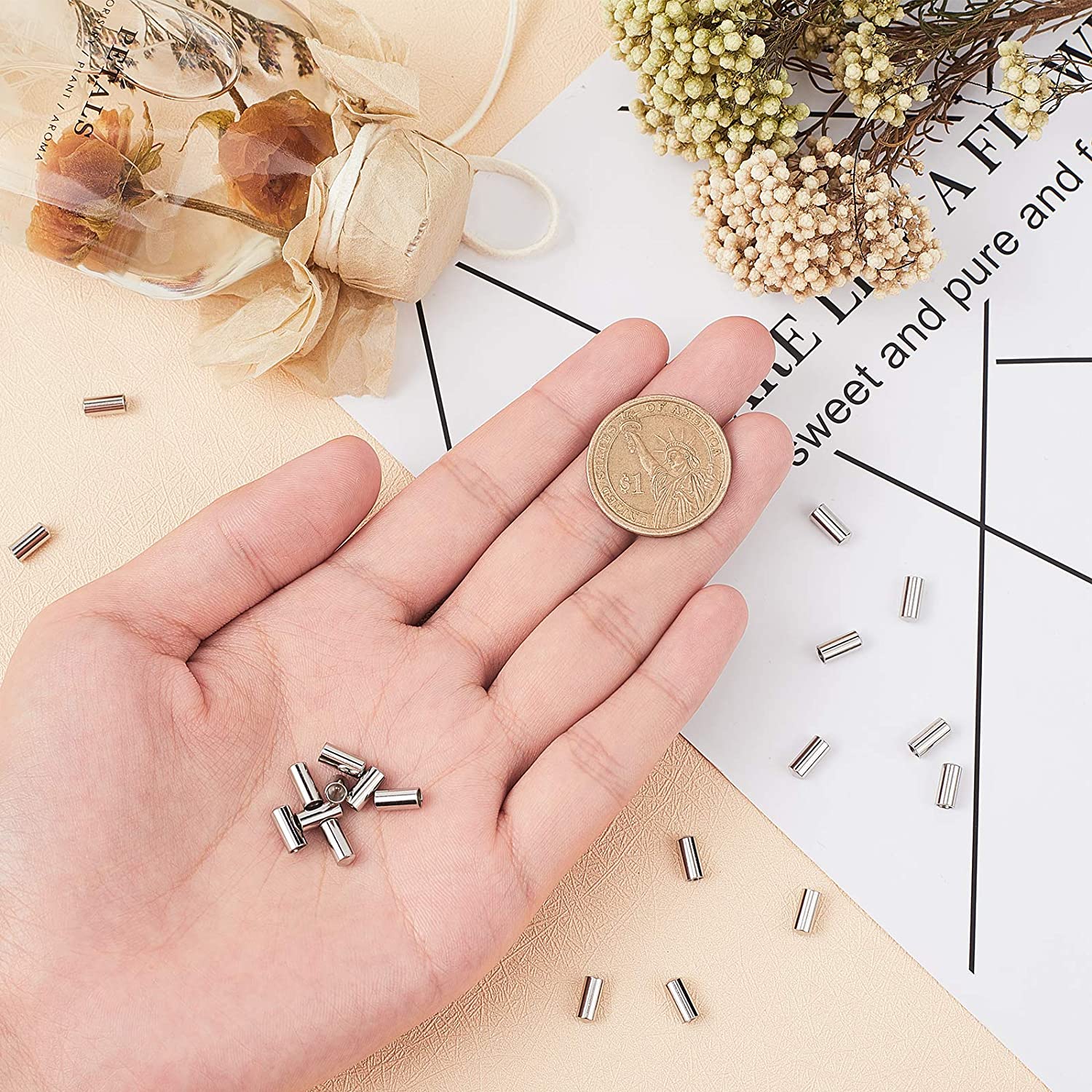 20 Pcs Stainless Steel Column End Caps Leather Cord Ends Leather Cord Terminators for DIY Bracelet Jewelry Crafts Making