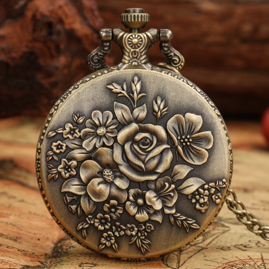 Brons Rose Bloemblaadje Hanger Retro Bloei Bloemen Vrouwen Quartz Pocket Horloges Dames Fob Ketting Ketting Sieraden Klok