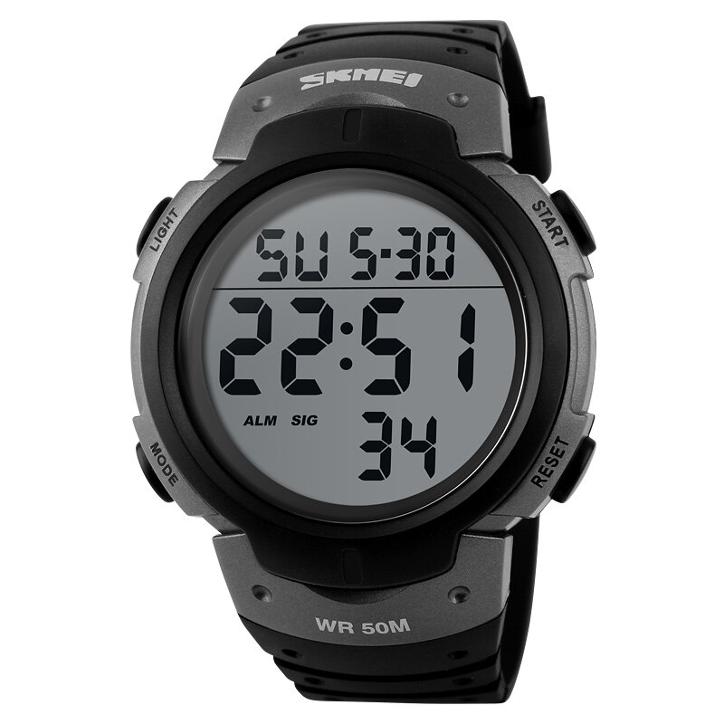 Skmei utendørs sportsklokke herre stor urskive enkle klokker kalender pu stropp 5 bar vanntett digital klokke reloj hombre 1068: titan