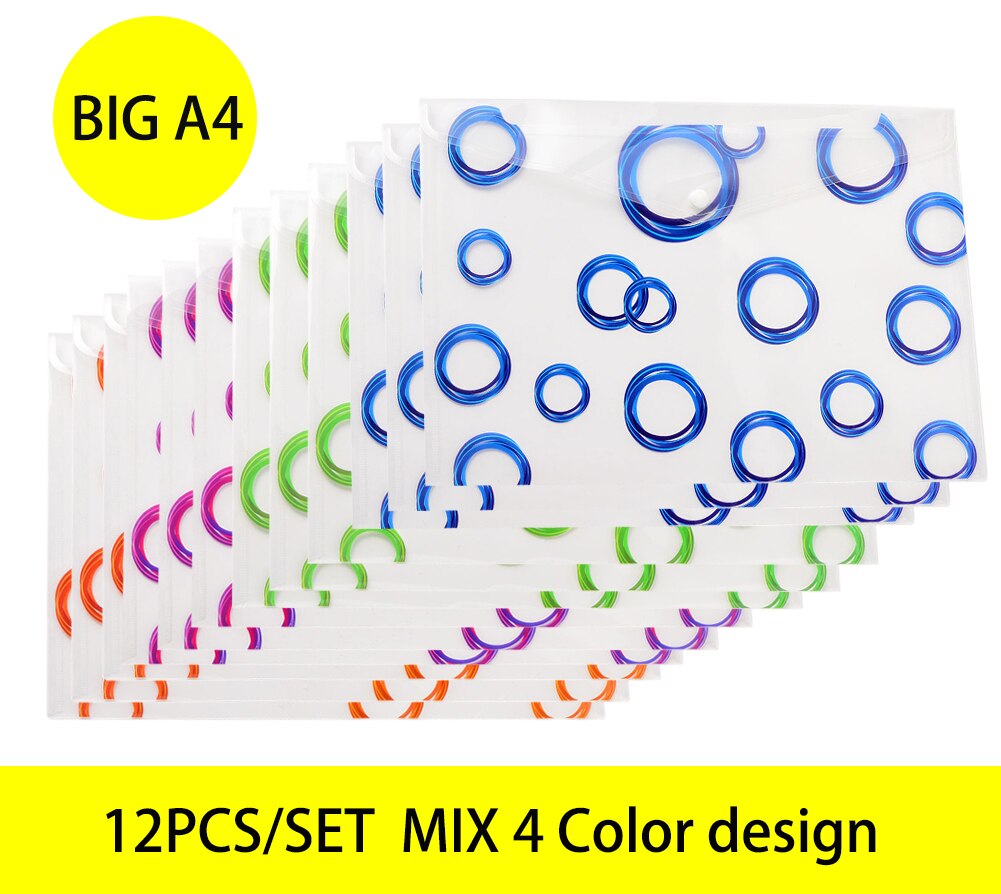 12pcs/set A4 file folder storage bag transparent plastic A5 document bag A3 office file bag school supplies paper bag folder: BIG A4 mix 4design-1