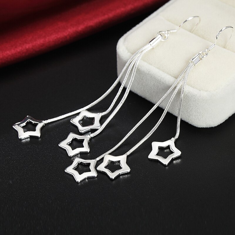 925 Silver 8.5cm Long Tassel Snake Chain Hollow Star Earrings For Women Wedding Jewelry