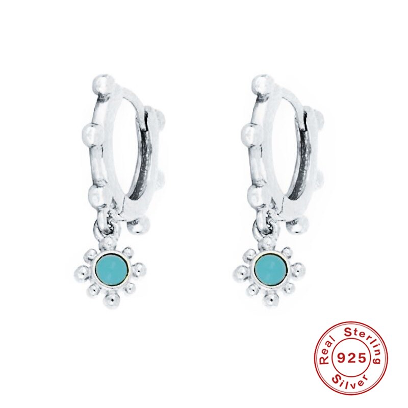 ROXI Bohemia Sunflower Turquoise Stone Small Round Beads Hoop Earrings for Women Wedding Jewelry Earrings 925 Sterling Silver