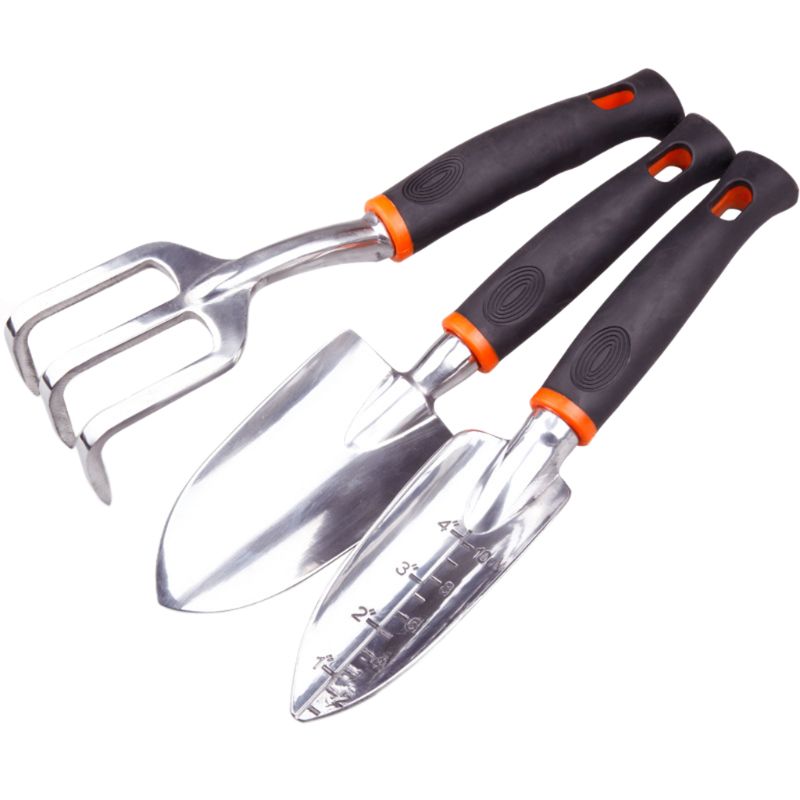 Ensemble d'outils de jardin 3 pièces truelle de greffe de main caoutchoutée et râteau à main de cultivateur: Default Title