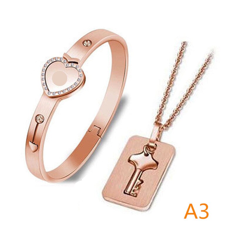 A Couple Lovers Jewelry Love Heart Lock Bracelet Stainless Steel Bracelets Bangles Key Pendant Necklace Jewelry: A3