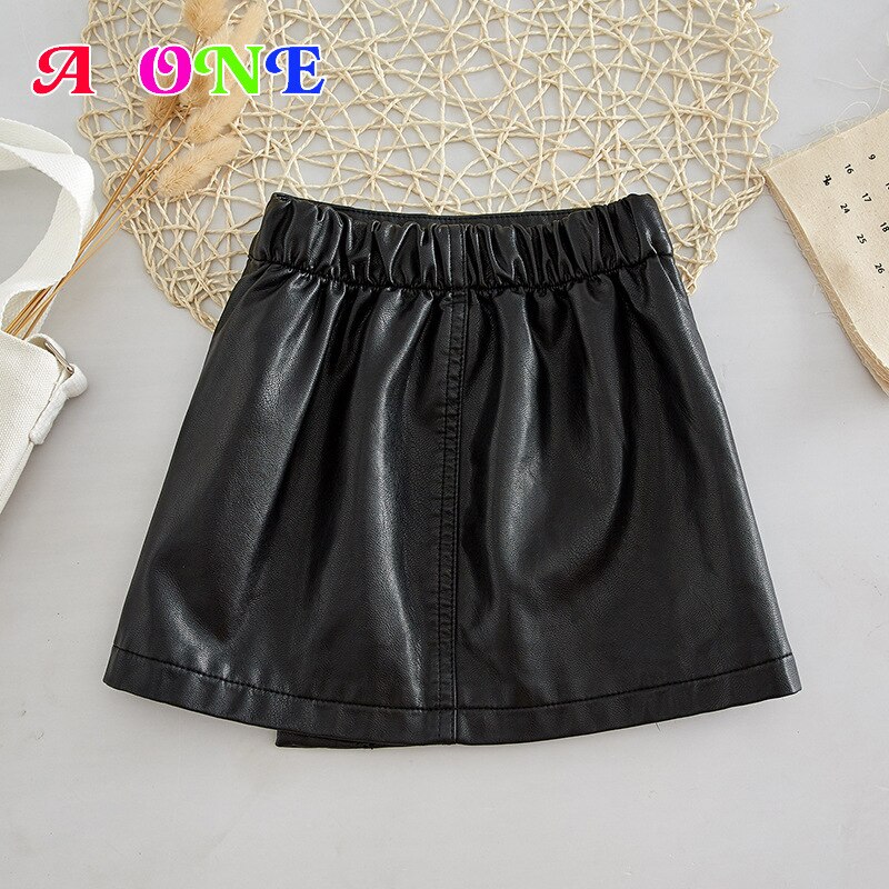Falda de cuero para niña, falda de PU para niña pequeña, bolsa de aire exterior, Falda corta de cuero a la cadera de 2 a 14 años, para primavera y otoño