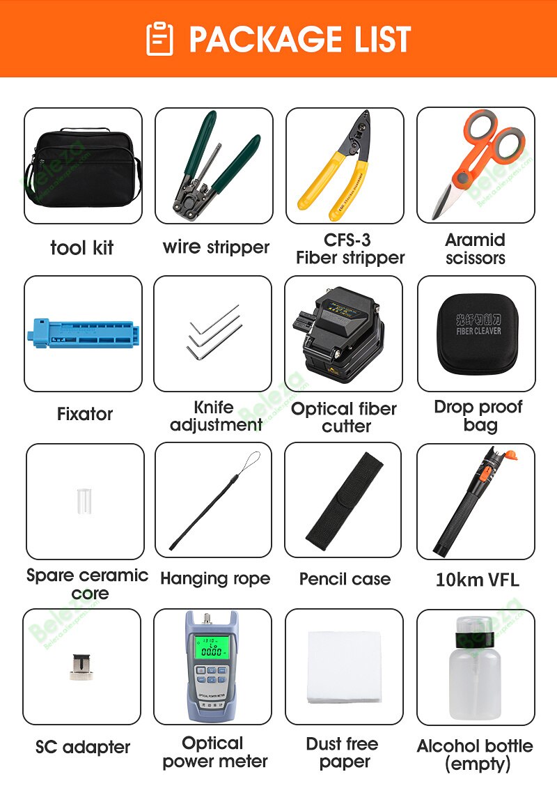 Fiber Optic FTTH Tool Kit AUA-6C Fiber Cleaver Optical Power Meter 10MW Visual Fault Locator Wire stripper