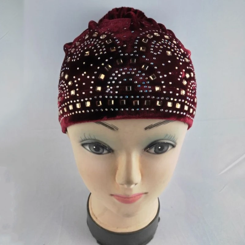 Gorro con diamantes de imitación a la para mujer, tocados de africanos, gorro de terciopelo para el cuidado del cabello, turbante, pañuelo para la cabeza, accesorios para sombrero: Rojo