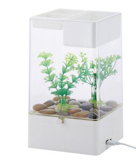Aquarium van kunststof met planten, accessoires voor op het bureau, decoratie voor het aquarium: Wit